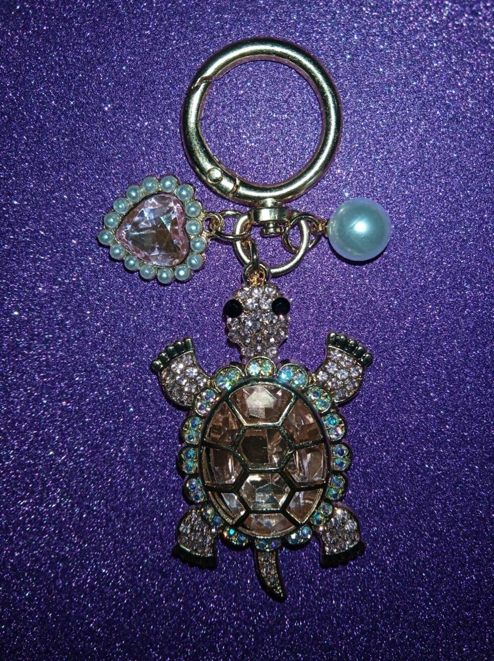 Pink Crystal Turtle Keychain with Heart And Pearl Charm